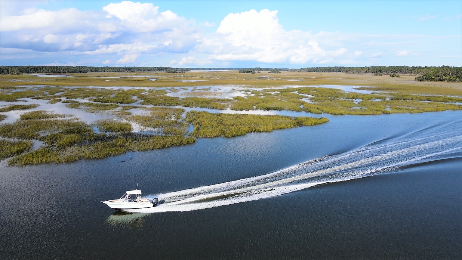 Drone shot of Boat Behind Palmetto Bluff