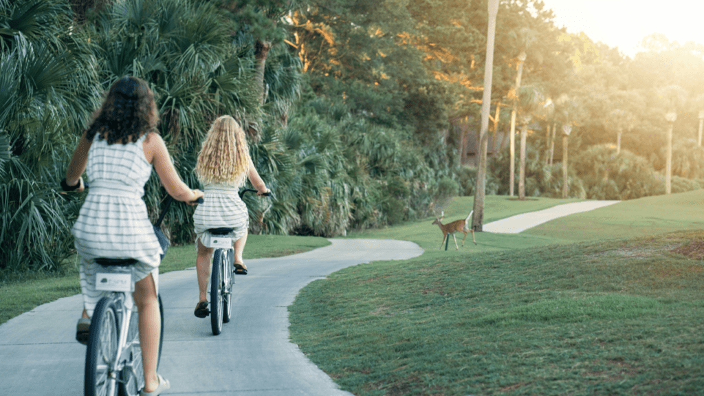 Things to do in Hilton Head - Family Biking on Hilton Head with deer nearby