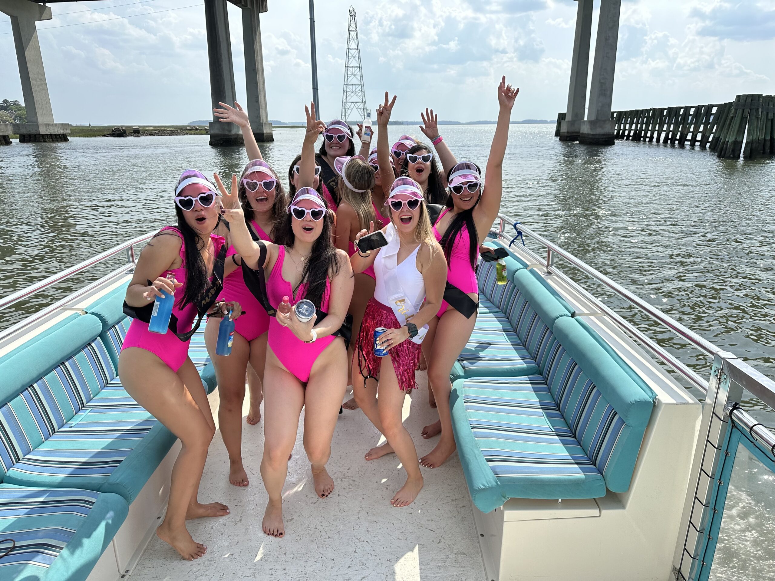 Hilton Head Bachelorette Party Cruise - Bachelorettes in matching pink bathing suits