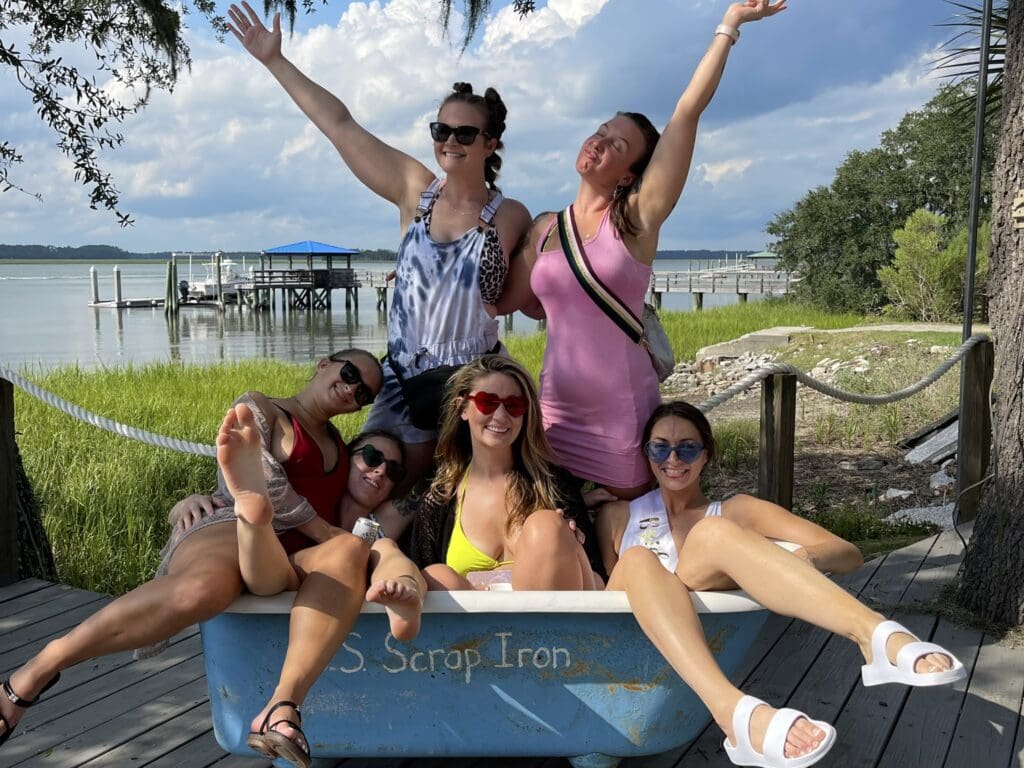 Bachelorette Party posing for a picture at the Old Daufuskie Crab Company