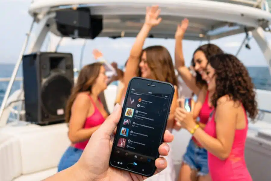 Illustration of a bachelorette party cruise with music and dancing on a private boat