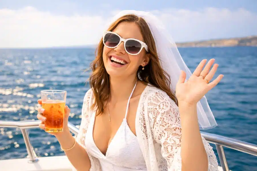 Illustration of a bride celebrating on a bachelorette party boat cruise with a drink