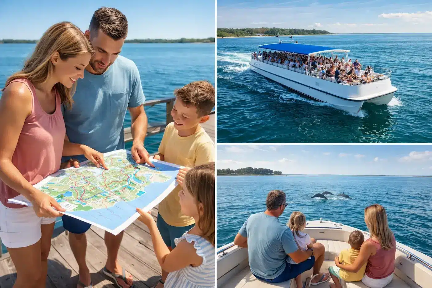 family choosing between private and group boat tours in Hilton Head using a map
