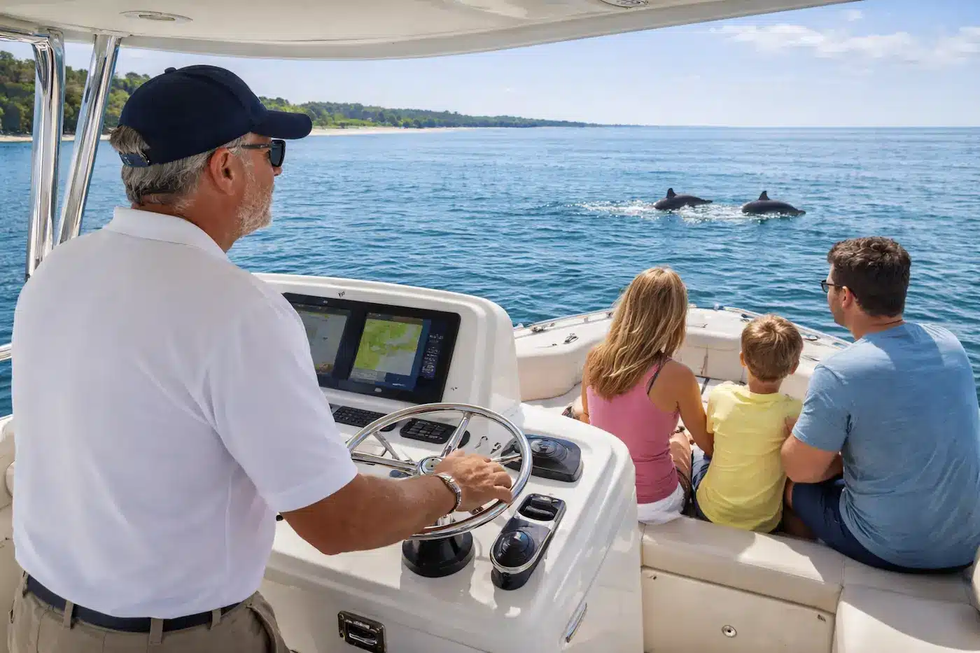 experienced boat captain guiding a dolphin tour in Hilton Head with dolphins nearby