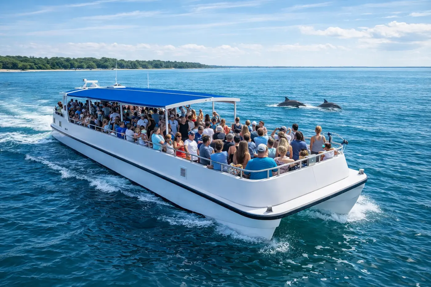 large group enjoying a dolphin cruise boat tour in Hilton Head South Carolina