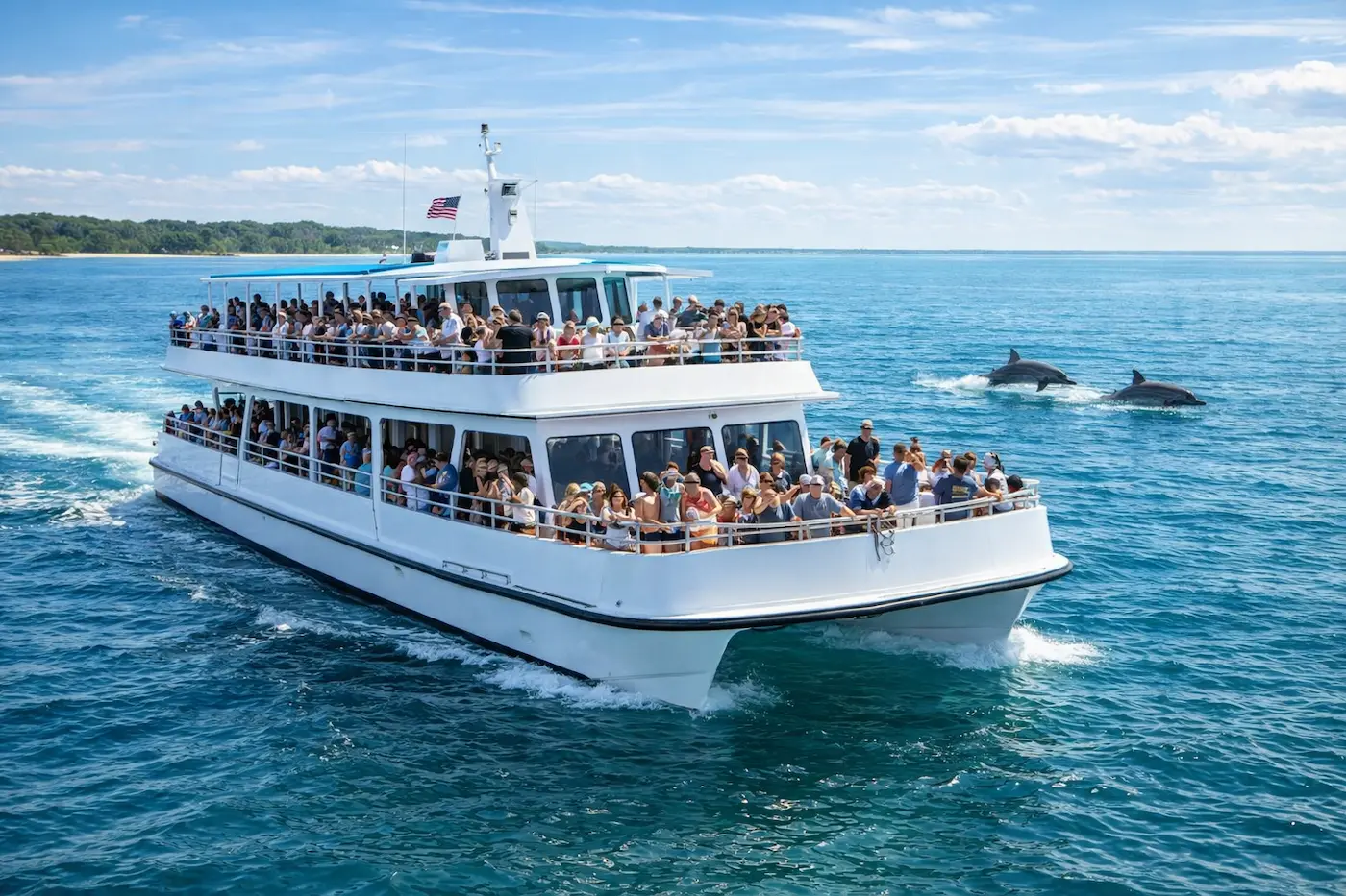 large two level dolphin tour boat in Hilton Head with passengers watching dolphins