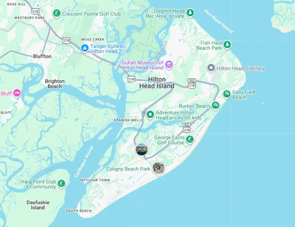 Hilton Head Island map showing May River, Calibogue Sound, Broad Creek, Skull Creek, and Port Royal Sound