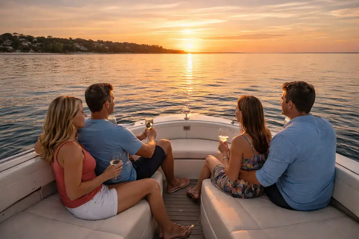 sunset boat tour in Hilton Head with people enjoying golden hour on the water